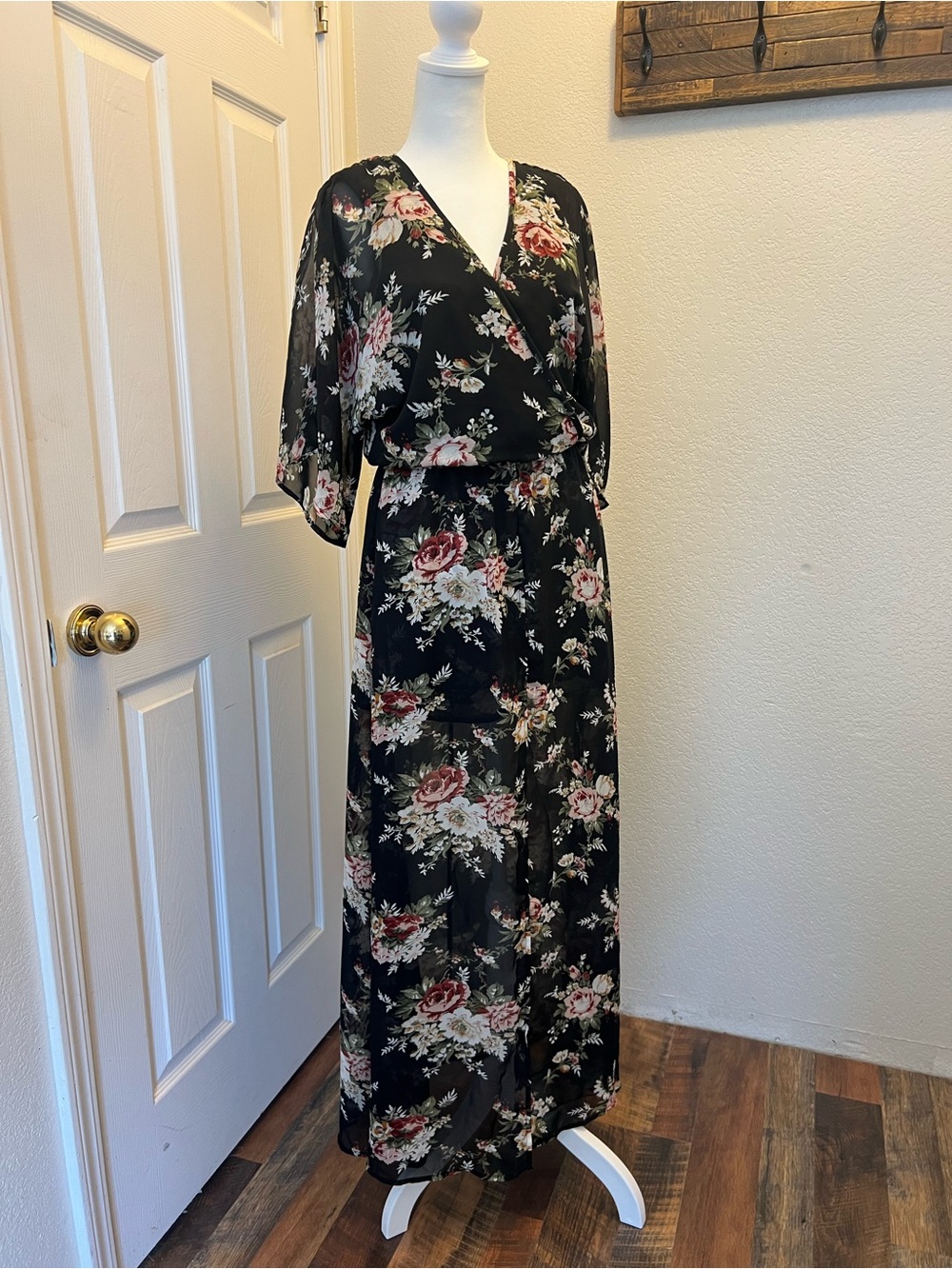 VENUS Black Floral Print V-Neck Shorts/Romper with Red, Pink and White Blooms